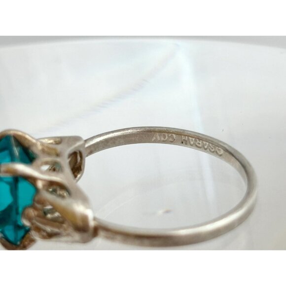 Sarah Coventry Teal Tourmaline Emerald Cut 925 Sterling Silver Vintage Ring sz 7 - Picture 6 of 12